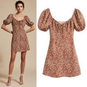 RESA x JOJO Dress in Tan Zebra Dallas - Brown & Cream Satin - Puff Sleeve - XS